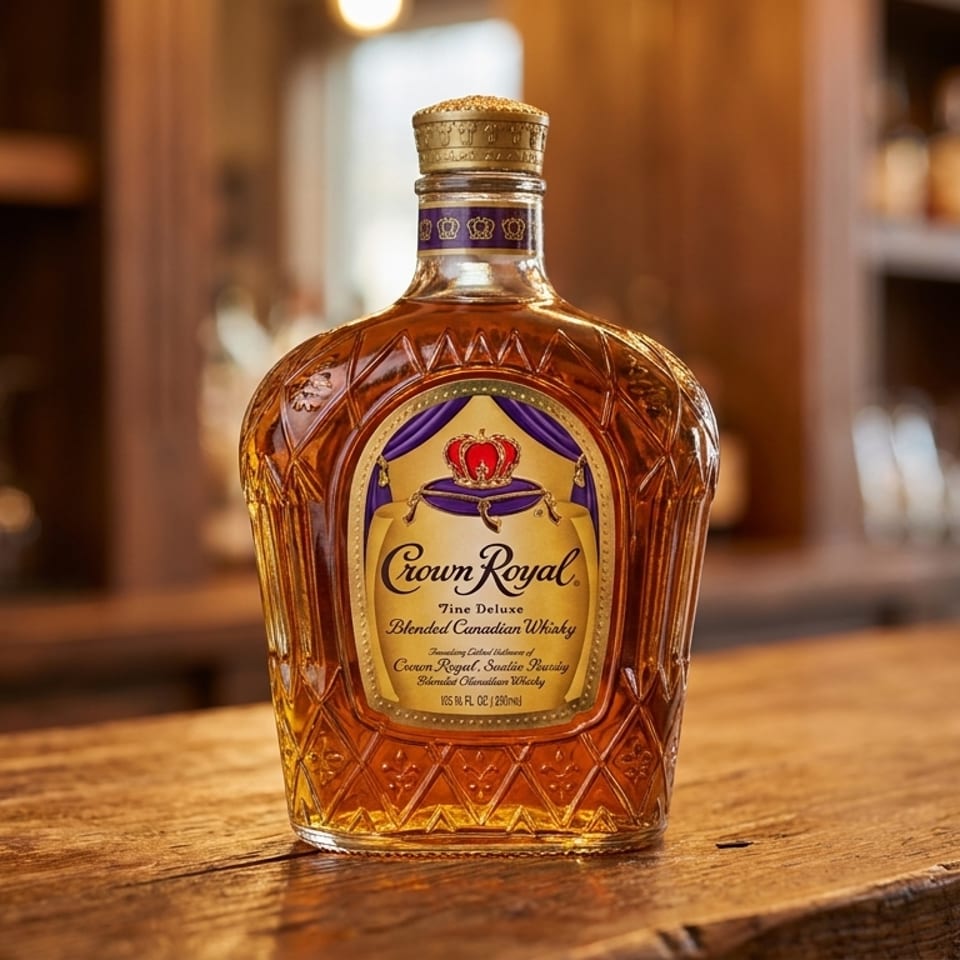 Crown Royal whiskey bottle on a rustic wooden bar with blurred shelves in the background.