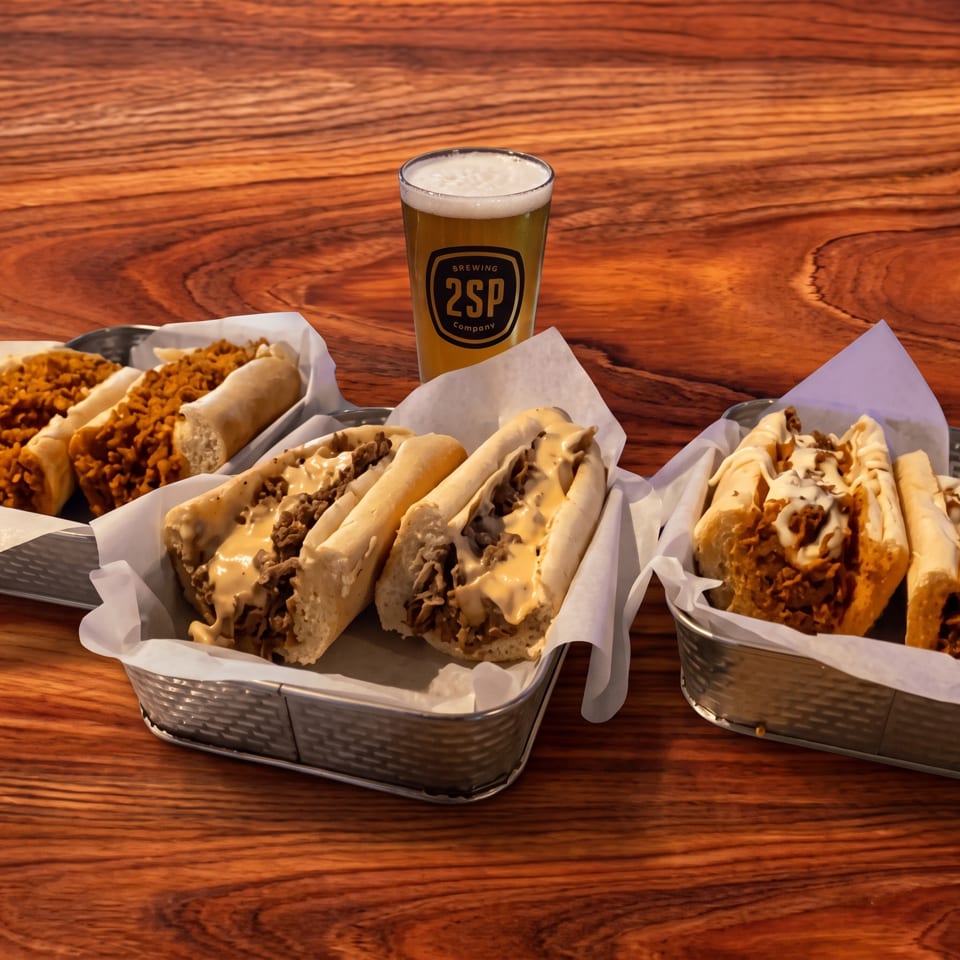 Three baskets of cheesesteaks and a glass of beer on a wooden table.