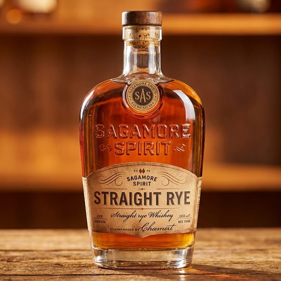 Sagamore Spirit Straight Rye Whiskey bottle on a wooden table with a blurred bar shelf background.