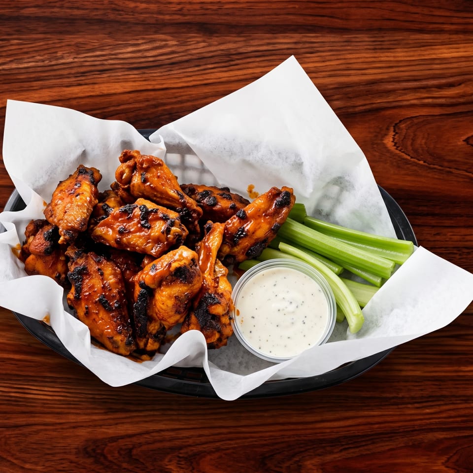 Grilled chicken wings with celery sticks and ranch dressing in a basket on a wooden table.